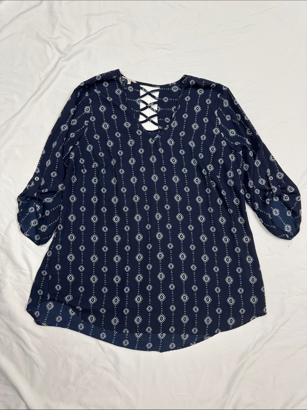 Maurices Navy Blue Patterned Lace-Up V-Neck Blouse